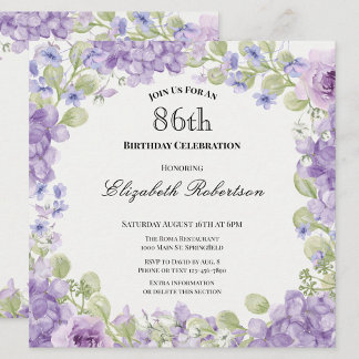 Einladung zum 86. Geburtstag Elegante lila Blüten