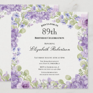 Einladung zum 89. Geburtstag Elegante lila Blüten