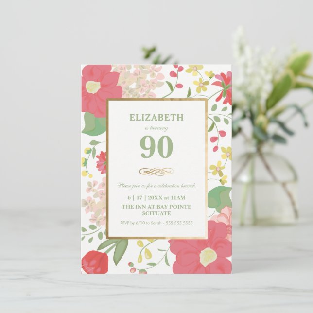 Einladung zum 90. Geburtstag - Gold, elegante Blüt (Stehend Vorderseite)