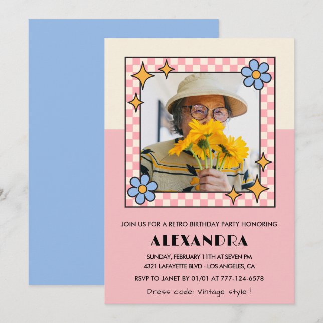 Einladung zum 90. Geburtstag Retro Groovy Pink Blu (Vorne/Hinten)