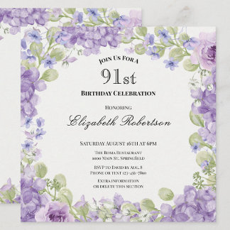 Einladung zum 91. Geburtstag Elegante lila Blüten