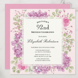 Einladung zum 92. Geburtstag Elegante rosa Blumen