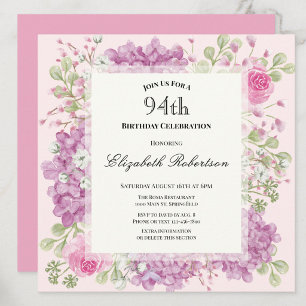 Einladung zum 94. Geburtstag Elegante rosa Blumen
