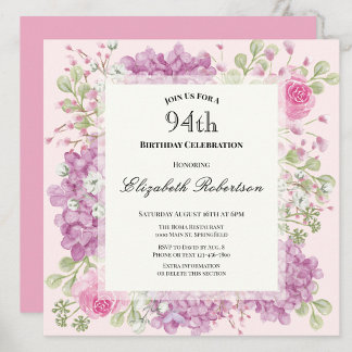 Einladung zum 94. Geburtstag Elegante rosa Blumen