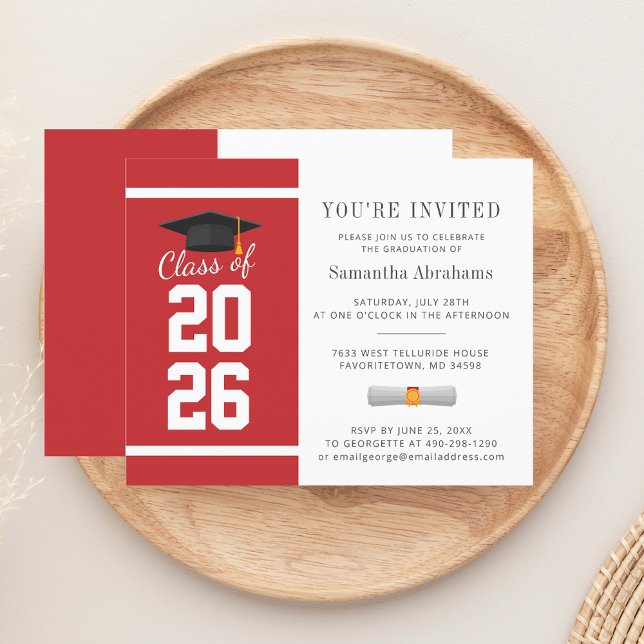 Einladung zum Abschluss Simple Red White 2025 (Graduation 2025 Red White Typography Party Invitation)