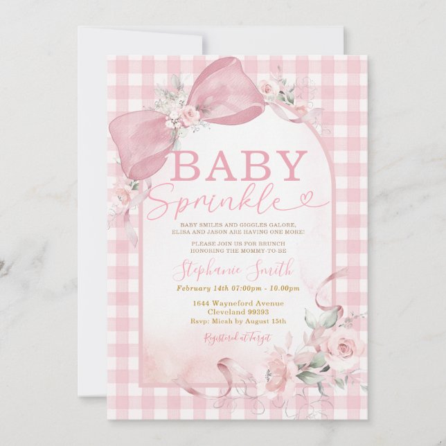 Einladung zum Baby Sprinkle mit rosa Gingham-Schle (Vorderseite)