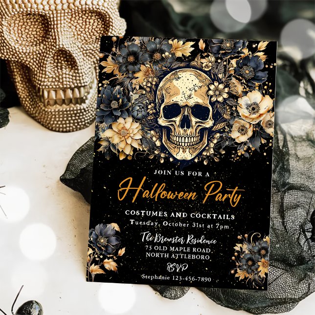 Einladung zum Black and Gold Skull Halloween-Party (Von Creator hochgeladen)
