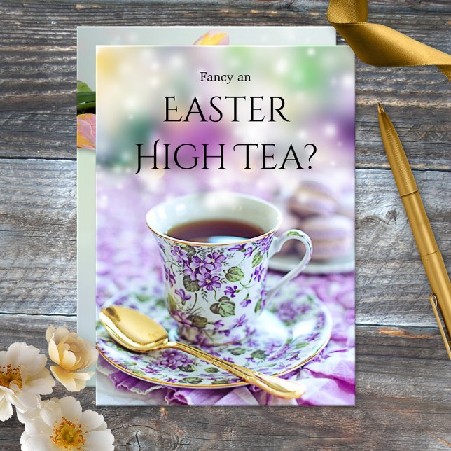 Einladung zum Britisch-Style High Tee oder Osterbr (British style Easter brunch or High Tea invitation featuring a colorful tea and spring tulip flowers)
