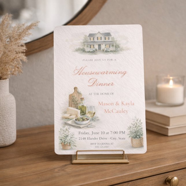 Einladung zum Einweihungsdinner (Warm housewarming dinner invite with blush tones, wine and cheese details, and soft greenery)