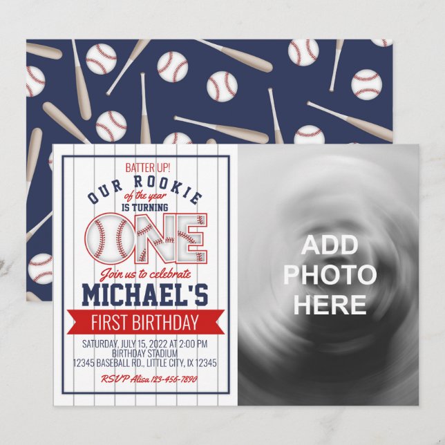 Einladung zum ersten Baseball Geburtstag mit Foto (Vorne/Hinten)