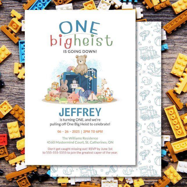 Einladung zum ersten Geburtstag einer Big Heist (One Big Heist birthday invite for a fun, toy heist first celebration!)