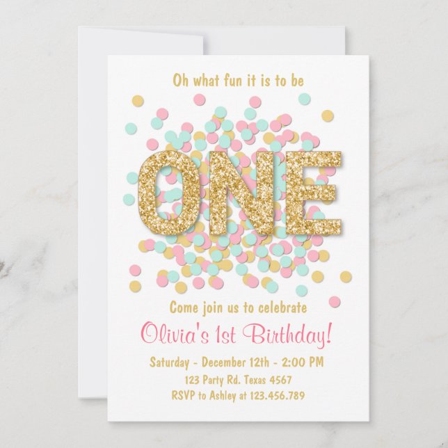 Einladung zum ersten Geburtstag Girl Pink Gold Min (Vorderseite)