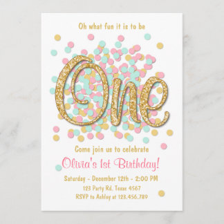 Einladung zum ersten Geburtstag Girl Pink Gold Min