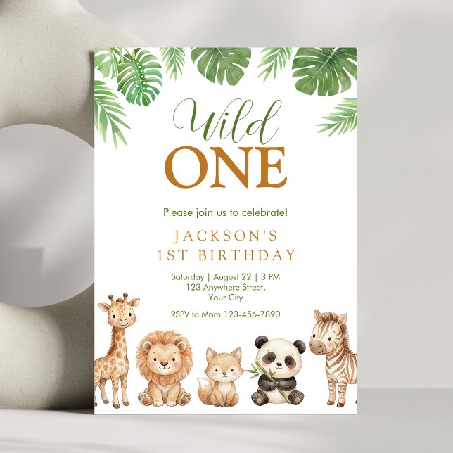 Einladung zum ersten Geburtstag Jungle Wild One (Wild One birthday invitation with safari animals and tropical greenery for a first birthday)