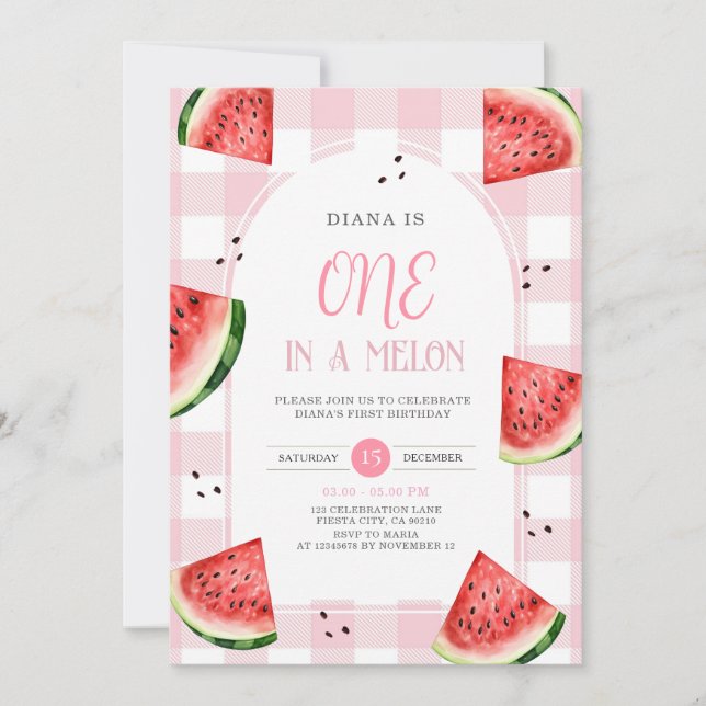 Einladung zum ersten Geburtstag mit rosa Gingham-W (Vorderseite)
