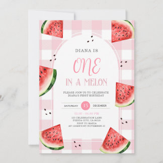 Einladung zum ersten Geburtstag mit rosa Gingham-W