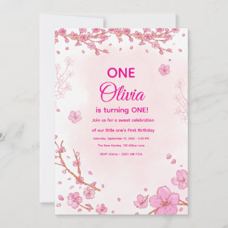 Einladung zum ersten Geburtstag mit rosa Kirschblü