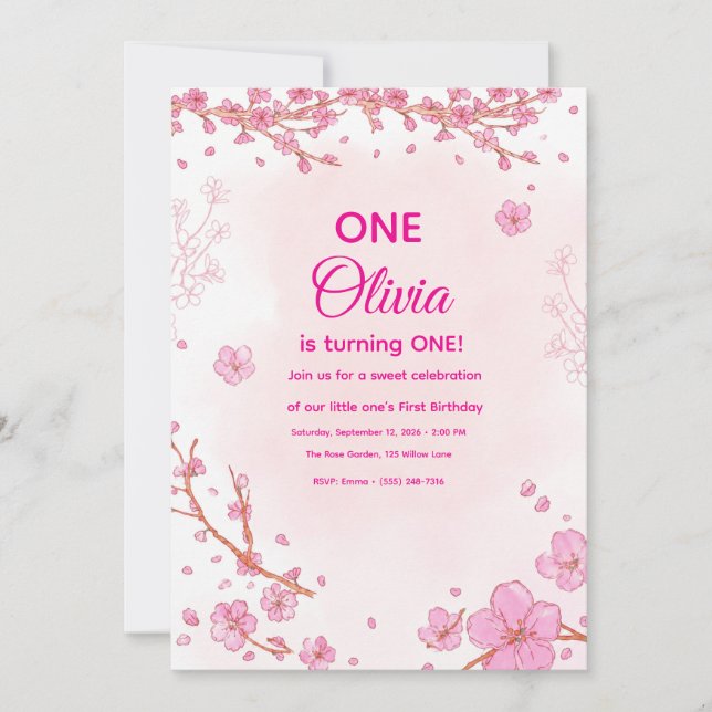 Einladung zum ersten Geburtstag mit rosa Kirschblü (Vorderseite)
