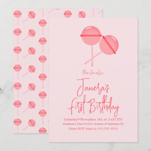 Einladung zum ersten Geburtstag mit rosa Lollipops