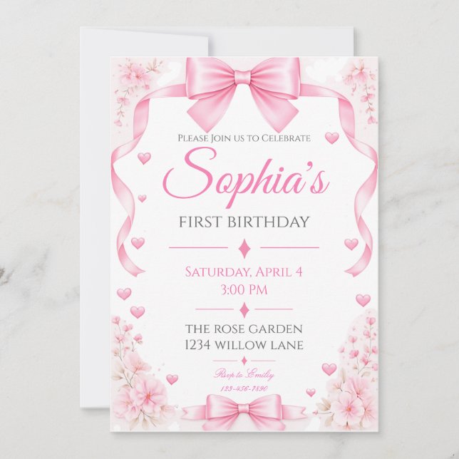 Einladung zum ersten Geburtstag mit rosa Schleife  (Vorderseite)