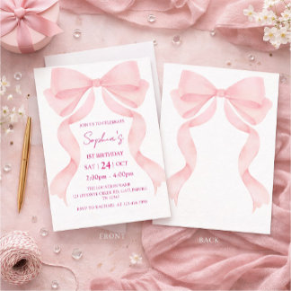 Einladung zum ersten Geburtstag mit rosa Schleife