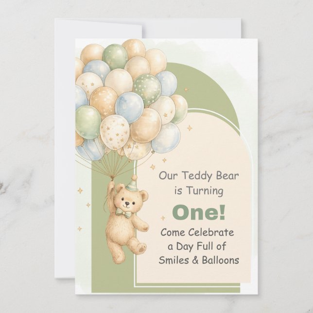 Einladung zum ersten Geburtstag mit Teddybär (Vorderseite)