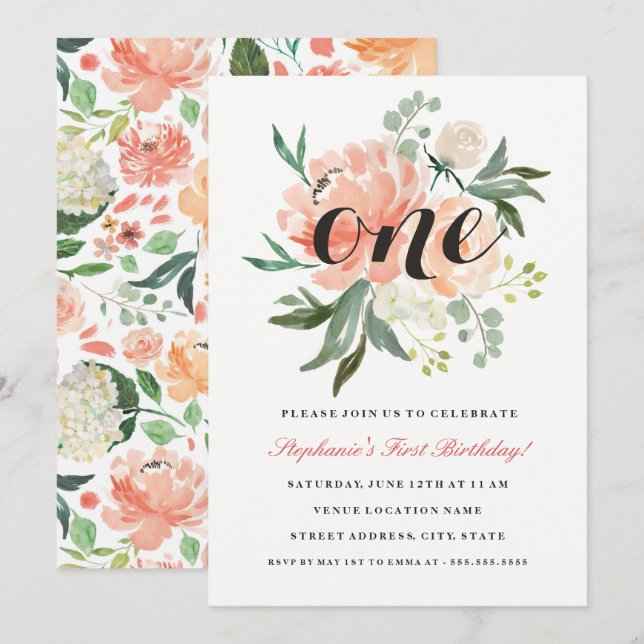 Einladung zum ersten Geburtstag Pfirsichpfirsich (Vorne/Hinten)