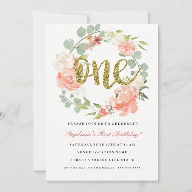 Einladung zum ersten Geburtstag Pink Gold Blumenst (Vorderseite)