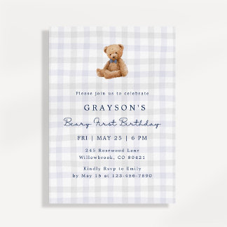 Einladung zum ersten Geburtstag: Teddybär im blaue