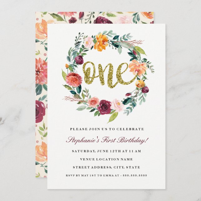 Einladung zum ersten Geburtstag von Burgundy Gold  (Vorne/Hinten)