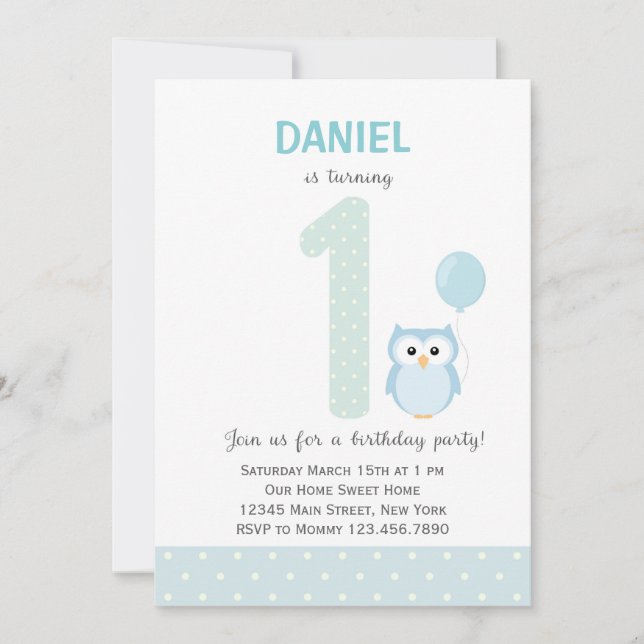 Einladung zum ersten Geburtstag von Eule (blau) (Vorderseite)
