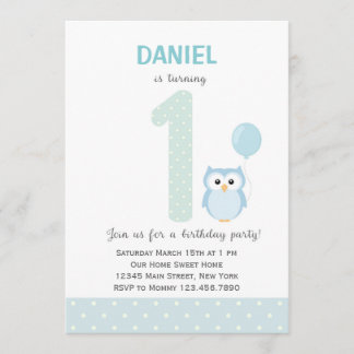 Einladung zum ersten Geburtstag von Eule (blau)