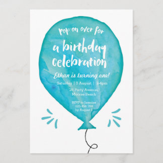 Einladung zum Geburtstag | Blue Watercolor Balloon