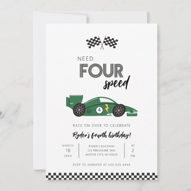 Einladung zum Geburtstag eines Rennwagens mit vier (Vorderseite)