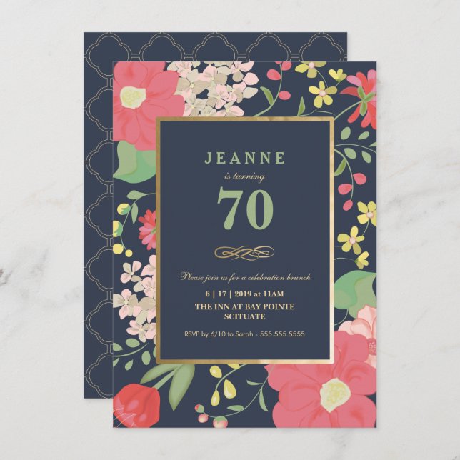 Einladung zum Geburtstag - Gold, elegante Blume (Vorne/Hinten)