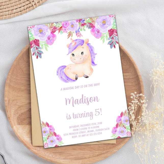 Einladung zum Geburtstag lila & rosa Blumenhorn (Purple pink Floral Unicorn Birthday Invitation)