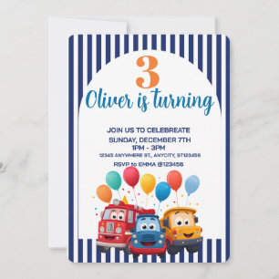 Einladung zum Geburtstag mit blau gestreiftem LKW-