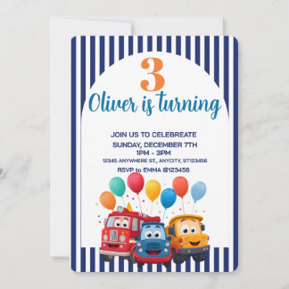 Einladung zum Geburtstag mit blau gestreiftem LKW-