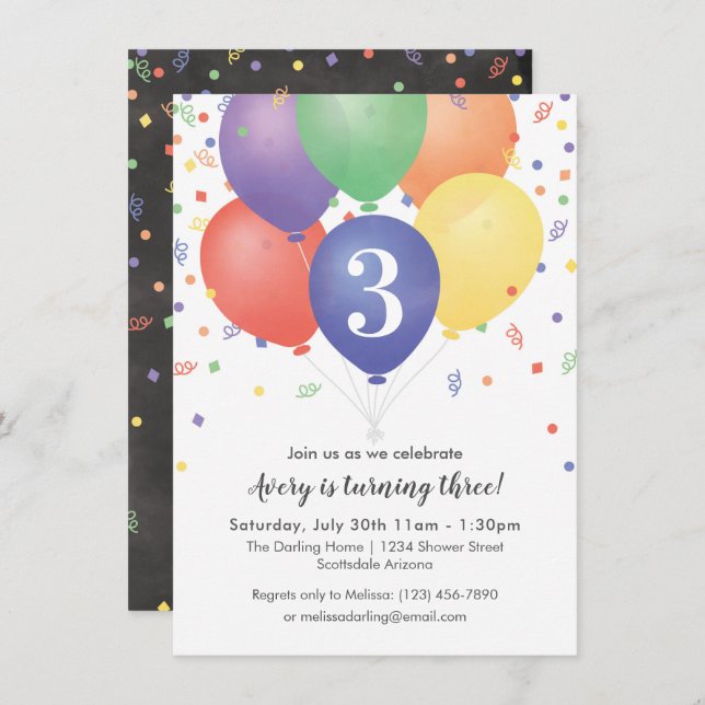 Einladung zum Geburtstag mit bunten Ballons (Vorne/Hinten)