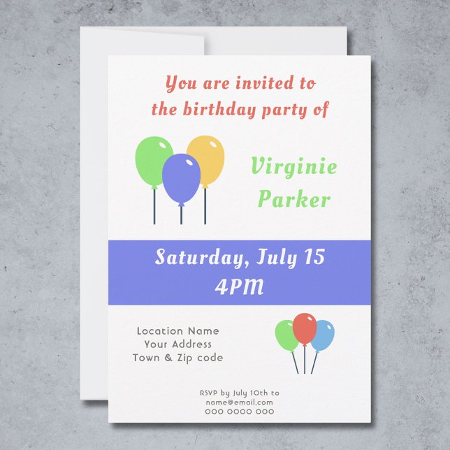 Einladung zum Geburtstag mit farbigen Balloons (Birthday Invitation with Colored Balloons - Back)