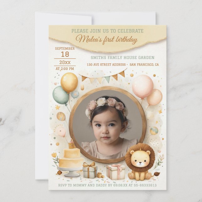 Einladung zum Geburtstag mit Löwe-Rahmen für Foto (Vorderseite)