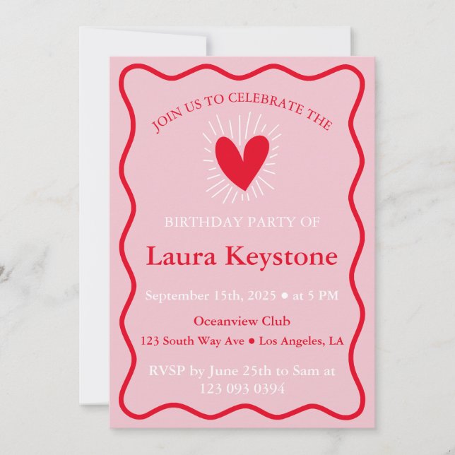 Einladung zum Geburtstag von Clean Pink & Red Wavy (Vorderseite)