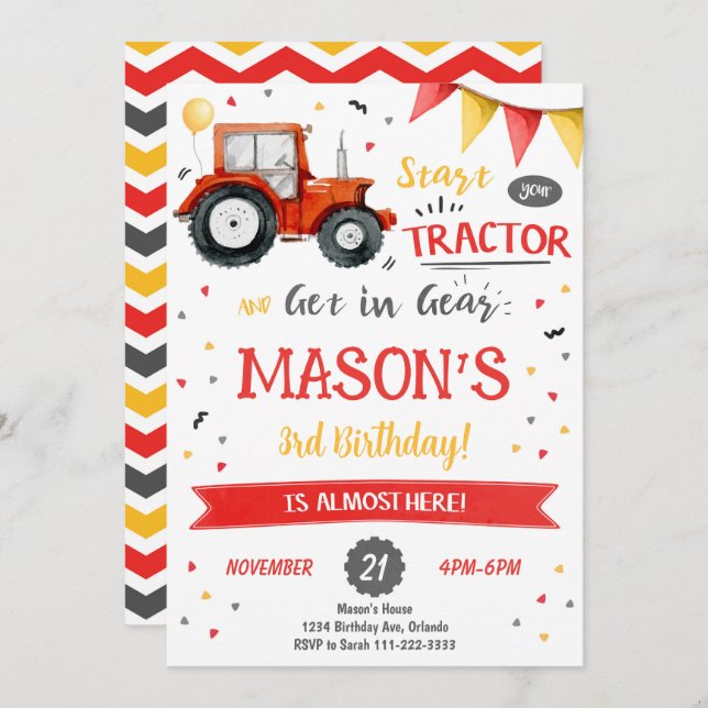 Einladung zum Geburtstag von Red Tractor (Vorne/Hinten)