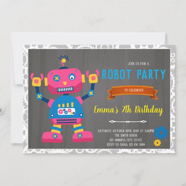 Einladung zum Geburtstag von Robot (Vorderseite)
