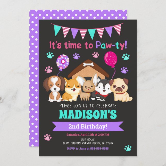 Einladung zum Geburtstag von Welpen / Mädchenbaum (Vorne/Hinten)