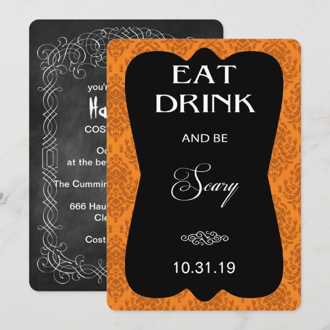 Einladung zum Gothic Damask Halloween-Party (Orang (Vorne/Hinten)