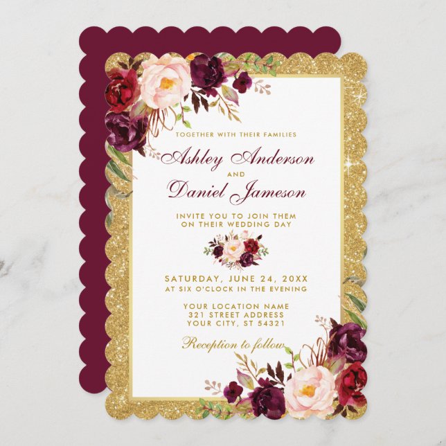 Einladung zum Hochzeitsburgundy Floral Gold Glitze (Vorne/Hinten)