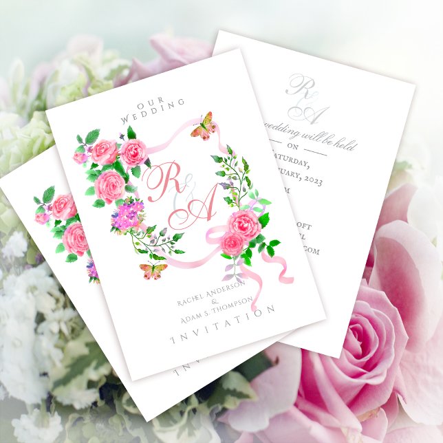 Einladung zum Hochzeitsfeiern (Elegant Pink Rose Ribbon Monogram Invitation Card.)