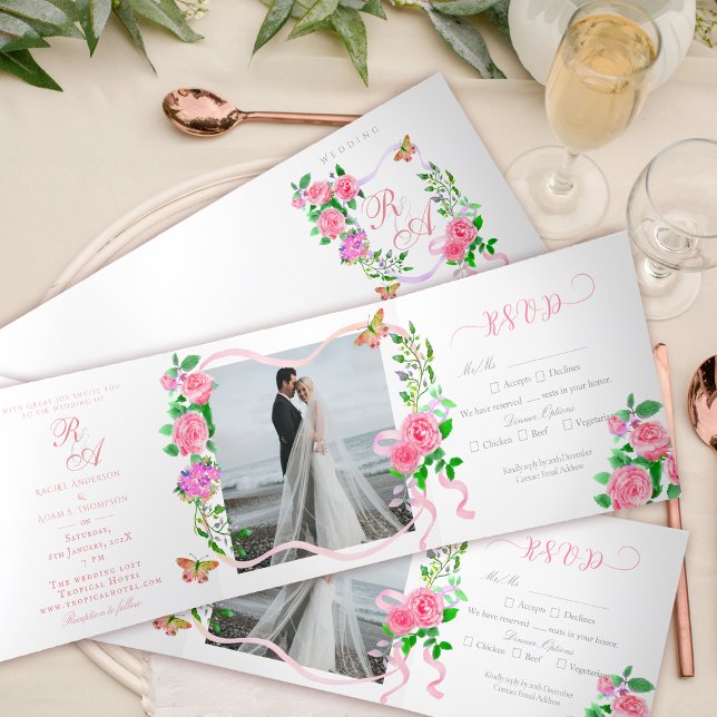 Einladung zum Hochzeitsfeiern (Elegant Rose Ribbon Monogram Photo Invitation Card.)