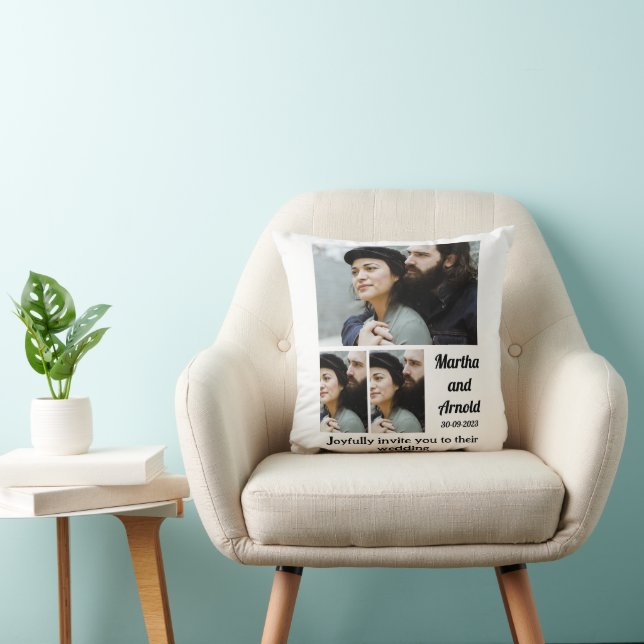 Einladung zum Hochzeitsfeiern 3 FotoCollage Kissen (Stuhl )